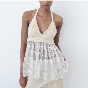 NWT Zara Women's Cream Crochet & Lace Floral Halter Dress Size S .Elegant
